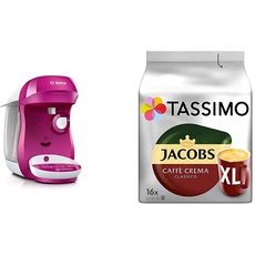 Bosch TAS1001 Tassimo Happy Kapselmaschine, über 70 Getränke, vollautomatisch, geeignet für alle Tassen, kompakte Größe + Tassimo Kapseln Jacobs Caffè Crema + Latte Macchiato + Milka + Probierbox