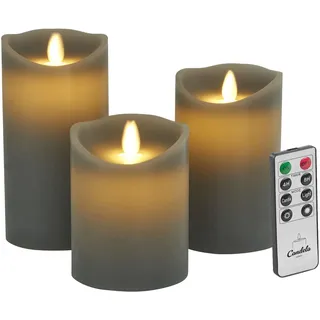 LC Home Candela Lights LED Kerzen Set Grau Stumpenkerze Echtwachs mit Fernbedienung Timer Funktion & mehrstufig dimmbar bewegliche Flamme Echtwachskerzen (Grau, 3er Set)