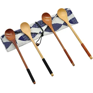 SwirlColor Holzlöffel Rührlöffel, Natürlicher hölzerner Kaffee Tee Löffel mit Langer Griff - 4Stücks