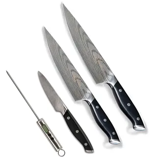 Trusted Butcher Messer Set - 4tlg. Profi Kochmesser Set mit Bratenthermometer - ultrascharfe Küchenmesser in Metzger-Qualität aus Edelstahl - Kochmesser & Gemüsemesser für präzises Schneiden