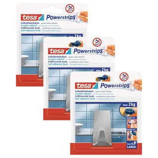 tesa Powerstrips Haken LARGE aus Metall - selbstklebender Badhaken, verstellbar, eckige Form - im Haushalt vielseitig einsetzbarer Metallhaken - belastbar bis 2 kg, groß (Packung mit 3)