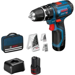Bosch GSB 12V-15 inkl. 2 x 2,0 Ah + Ladegerät + 39-tlg. Zubehör + Werkzeugtasche