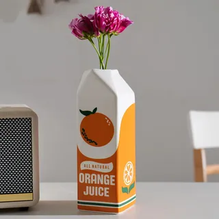 Fhlprte Vintage Orange Juice Vase,Dekorative Keramikvase,2.7×1.3×8.6 in,süße kreative Blumenvasen,Juice Box Vase,Vintage-inspirierte Keramikvase,Einzigartige Heimdekoration,für Wohnzimmer/Küche/Büro