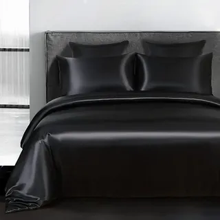 Omela Satin Bettwäsche Set 155x220 Schwarz Einfarbig Unifarben Glatt Bettbezug mit Reißverschluss 2 Teilig 100% Glanzsatin Polyester Sommerbettwäsche und Kissenbezug 80x80 cm
