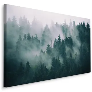 Muralo Leinwandbild Wald im Nebel Natur Landschaft 3D 120x80 , Grün, Schwarz, Weiß, Grau , Textil , Baum/Pflanze/Natur , Rechteckig , 120x80 cm , Bilder & Rahmen, Bilder, Leinwandbilder