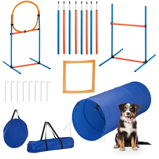 Relaxdays Agility Set, für Hunde, 76-TLG., Hürden höhenverstellbar, Sprungring & Slalomstangen, Tragetasche, blau/orange