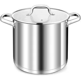 TEAMFAR Kochtopf 10L, Edelstahl Groß Topf Nudeltopf Induktion mit 3-Lagen Boden für alle Herdarten, Glasdeckel, 24cm Suppentopf Fleischtopf zum Kochen, Unbeschichtet & Ungiftig, Spülmaschinenfest