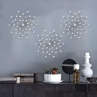 ZEXUIRU 3er-Set silberfarbene Metall-Wandkunst, glitzernde Kristalle, Heimdekoration, Sonne, Strass, Wandbehang, Diamantakzente