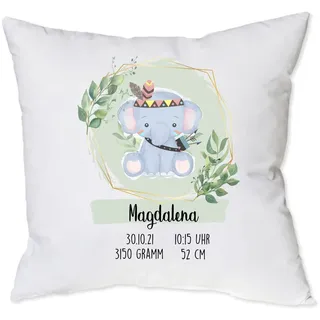 minimutz Kissen zur Geburt mit Namen personalisiert | Motiv Elefant Boho mit Geburtsdaten 40 x 40 cm | Geschenk Geburt Taufe Deko-Kissen für Baby-Zimmer Seegrün inkl. Füllung