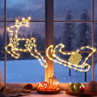 GlobaLink 95LEDS Fensterdeko Rentier mit Schlitten -1M Weihnachtsdeko Innen Warmweiß, Batteriebetrieben Weihnachtsbeleuchtung Außen Weihnachtslichterkette für Fenster Wand Zimmer Terrasse Balkon