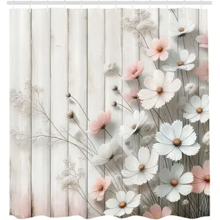 ABAKUHAUS Rosa Duschvorhang, Modernes Bauernhaus Thema Zarte blühende Szene auf rustikalem Hintergrund realistisch, Stoffliches Gewebe mit Haken, 175 x 200 cm, Dunkles Sepia Perle
