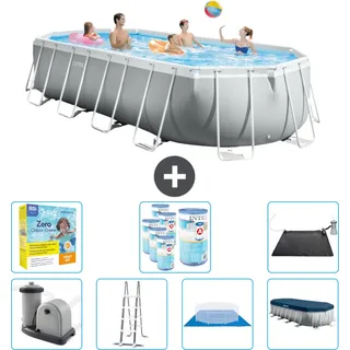 Intex Oval Prism Frame Swimmingpool – 610 x 305 x 122 cm – Grau – inklusive Pumpe – Leiter – Bodenplane – Abdeckung Wartungspaket - Filter - Solarmatte