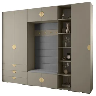 Abiks Möbel Garderoben-Set 236,7/290/47 , Kaschmir, Grau, Goldfarben , Holz , Nachbildung , 13 Fächer , 290x236.7x47 cm , Garderobe, Garderoben-Sets & Garderoben-Serien, Garderoben-Sets