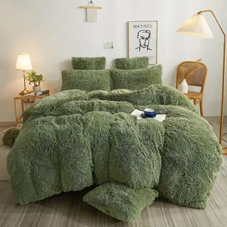 Michorinee Plüsch Bettwäsche 135x200 Winter Flauschig Warme Bettbezug Fleece Flausch Langhaar Kunstfell Plüschbettwäsche Set mit Reißverschluss - 135 x 200 cm + 80 x 80 cm Salbeigrün