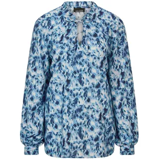 Schlupfbluse GOLDNER "Kurzgröße Moderne Rüschenbluse mit Stehkragen", Damen, Gr. 19, blau (blau, gemustert), Obermaterial: 100% Viskose CV., Blusen Schlupfbluse, Rüschen