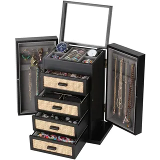 Schmuck-Organizer, Rattan-Schmuckschatulle, 5-lagige Holz-Schmuck-Organizer-Box mit Spiegel, Schmuckkästchen mit 4 Schubladen für Damen und Herren, schwarze Schmuckaufbewahrung für Ringe, Ohrringe,