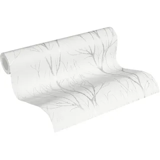 A.S. Création Blooming Vliestapete 10,05 m x 0,53 m mit glänzendem Baummotiv - Weiß, Silber - Wald-Motivtapete im Metallic-Look Made in Germany - 372602