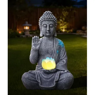 Yeomoo Buddha Figur mit Solar LED Lotus Gartendeko - Wetterfeste Meditation Gartenfiguren Deko für Zen Garten Wohnzimmer Feng Shui Spirituelle Geschenk für Frauen Mama Männer Terrasse 27CM Grau