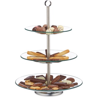 Relaxdays Etagere, 3 Etagen, rund, Cupcake, Keks, Obst, Muffin, Servierständer, Glas, Edelstahl, silber/transparent, 1 Stück