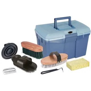Kerbl Covalliero Kinder-Putzbox 8-teilig befüllt | Blau, 48 × 25 × 25 cm, siebenteiliges Pferdeputzset mit praktischer Aufbewahrungsbox