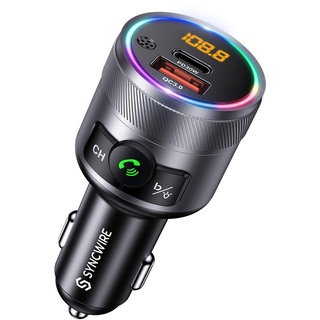 Syncwire Bluetooth 5.3 FM-Transmitter für das Auto, 48W Max PD & QC 3.0 Schnelllade-Autoladegerät , Kabelloser Radio-Adapter, Deep-Bass-Musikplayer, Freisprechen, Buntes LED-Licht