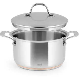 H&H Hohe Kasserolle aus Edelstahl und Kupfer, 2 Griffe, 22 cm, mit Deckel