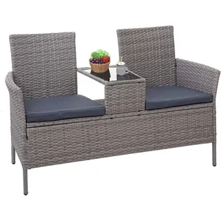 Poly-Rattan Sitzbank mit Tisch HWC-E24, Gartenbank Sitzgruppe Gartensofa, 132cm - grau, Kissen dunkelgrau - Grau