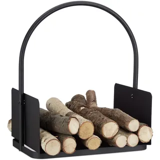 Relaxdays Kaminholzkorb schwarz, Brennholzkorb groß, Holzwiege Kamin, Feuerholzkorb Metall, HxBxT 47 x 40 x 30 cm, black