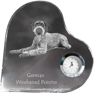 Deutsch Drahthaar - Kristalluhr mit einem Hundebild, Herzregal-Uhr, personalisierte Standuhr der Marke Art-Dog - Transparent