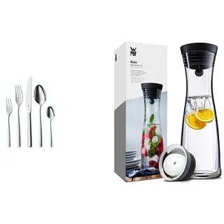 WMF Boston Besteck Set 12 Personen, Essbesteck 60 teilig, Monobloc-Messer & Basic Wasserkaraffe aus Glas, 1 Liter, Glaskaraffe mit Deckel, Silikondeckel, CloseUp-Verschluss