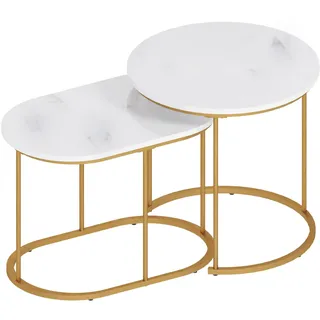 sogesfurniture Couchtisch 2er-Set, Wohnzimmertisch Beistelltisch Sofatisch Kaffeetisch Satztisch mit Marmormuster, Golden Metallrahmen für Wohnzimmer, Balkon, Weiß