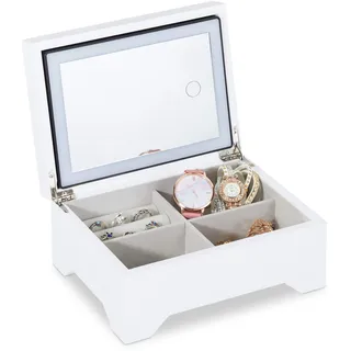 Relaxdays Schmuckkästchen, Schmuckkasten mit LED Spiegel, 4 Fächer für Ringe & Armbänder, HBT 10 x 20,5 x 15,5 cm, weiß