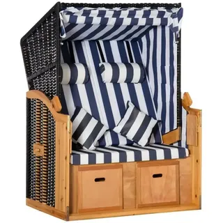 Strandkorb Aruba Blau-Weiß PE-Rattan B118xT79xH150 cm, verstellbar, mit Klapptischen und ausziehbaren Fußstützen - Blau