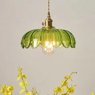 YLTLINK Grün Lotus hängelampe Esstisch,Vintage Glas Pendellampe mit E27 Fassung, Höhenverstellbar, Modern Retro Pendelleuchte,Glas-Lotus-Schirm,Hochwertig, für Esszimmer, Küche, Wohnzimmer, Bar, Café
