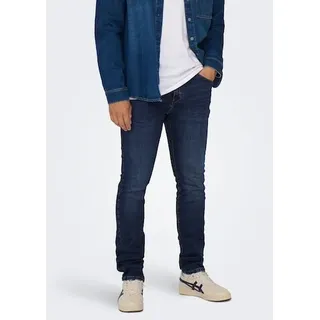 Skinny-fit-Jeans ONLY & SONS "LOOM LIFE JOG", Herren, Gr. 29, Länge 34, blau (dunkelblau denim), Denim/Jeans, Obermaterial: 98% Baumwolle, 2% Elasthan, Abriebeffekte, sehr schmal lang, Jeans Skinny-fit-Jeans