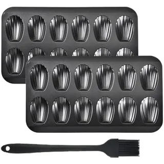 FOGARI Madeleines Backform, Madeleine Form,Antihaft Beschichtung für leichtes Entformen,mit Silikonölpinsel für Ofen Backen Schokolade Brownies Kekse-Schwarz (12 Mulden 2 Stück)