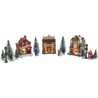 Spetebo LED Weihnachtsdorf mit 9 LED - Set 17-teilig - Weihnachtsstadt Fensterdeko Tischdeko beleuchtet