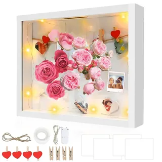 ZIOYA 3D Tiefer Bilderrahmen 27×22 cm mit 1 m LED-Licht Weiß | Quadratisch Geldgeschenk Kastenrahmen 3d Rahmen für Wand Blumen Hochzeit Deko Muttertagsgeschenk