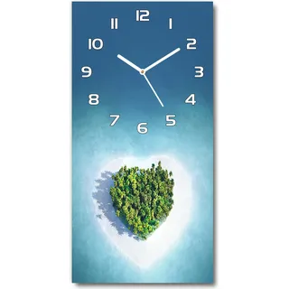 Wanduhr aus Glas – 30x60 cm - Glasbild - Glasuhr - Gehärtetes Glas -Strand Herzform - Blau