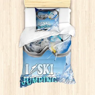 ABAKUHAUS Wolf Bettbezug Set für Einzelbetten, Heulen Unter Vollmond, Milbensicher Allergiker geeignet mit Kissenbezug, Blau Hellblau und Gelb - Blau