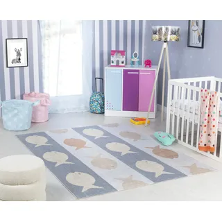 Livabliss Fisch Kinder waschbar - Cartoon 160x213 cm, Waschbarer Kinderzimmer oder Babyzimmer, Krabbel oder Spiel - Babymatte für Jungen & Mädchen, Creme, Grau und Orange