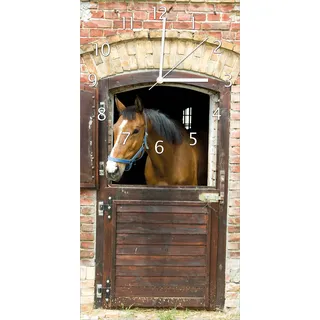 Wallario Design Wanduhr Pferd im Stall aus Echtglas, Größe 30 x 60 cm - Braun