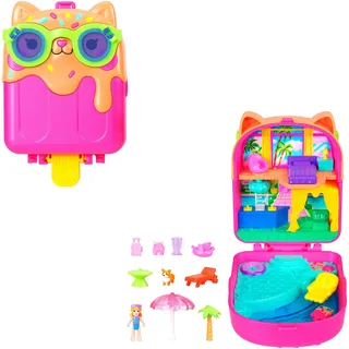 POLLY POCKET Puppe und Spielset, Eiskätzchen-Schatulle, Reisespielzeug mit 1 Minipuppe, Hündchen und passendem Zubehör, JCB17