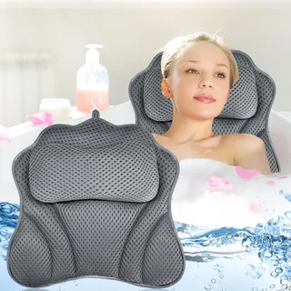 GUHAOOL Badewannenkissen, Nacken Wannenkissen, Badewannenkissen Atmungsaktiver 4D Air Mesh und 6 Saugnäpfen, Nackenkissen Badewanne für Kopf, Nacken, Schultern, Rücken für Badewanne und Home Spa, Grau