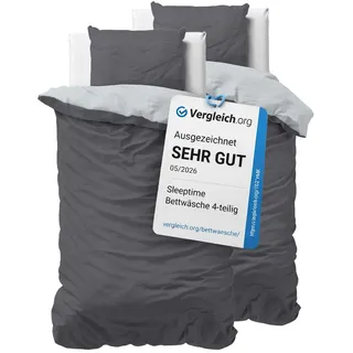Sleeptime Bettwäsche 135x200 4-teilig - 100% Baumwolle - 2X Bettbezug 135x200 cm + 2X Kissenbezug 80x80 cm - Oeko-TEX®, Reißverschluss, pflegeleicht - atmungsaktiv & hautfreundlich - Anthrazit Grau