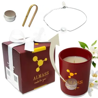 ALMASS – Schmuckkerze – Juwelkerze: Natürliche handgemachte Duftkerze mit Schmuck + verstellbarem 925 Silberarmband mit Perle + Schmuckbox+Pinzette – Cassis, Orangenblüte & Jasmin