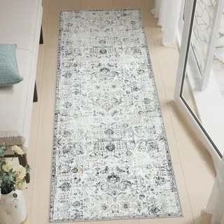 TOPICK Läufer Flur Waschbar Küche Läufer Kurzflor Retro Grau Blume Orientalischer Teppich 60x210cm Antibakterieller Faltbar rutschfest Teppich für Brücken Schlafzimmer Wohnzimmer Flur Eingangsbereich