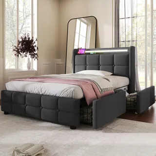 Flieks Polsterbett 90x200cm mit USB und Steckdosen, Jugendbett Einzelbett mit 2 Schubladen, Stauraumbett Massivholzbett mit LED und Lattenrost, Leinen, Grau - Grau