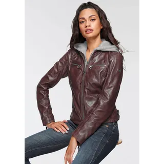 Lederjacke MAURITIUS "NOLA", Damen, Gr. XL/42, rot (bordeaux), Obermaterial: 100% Schafsleder. Futter: 100% Baumwolle. Kapuze: 55% Polyester, 45% Baumwolle. Ärmelfutter: 100% Polyester, kontrastfarbene Details, sehr figurbetont kurz, Rundhals, 2-Naht-Ärmel mit Reißverschluss, Jacken Lederjacke, Two-in-One Style - mit abnehmbarer Jersey-Kapuze