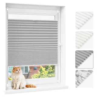 Plissee - Fensterrollo - Breite 70 cm - Länge 100 cm - Ohne Bohren - Halbtransparent - Manuell - Grau